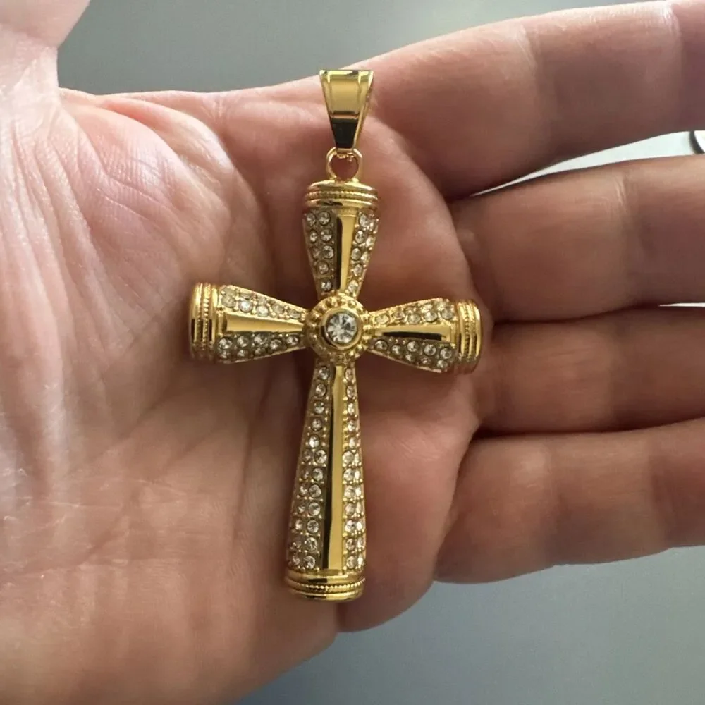 Cross Pendant Cubic Zirconia 24” Chain Gold Tone Stainless Steel Gift Jesus